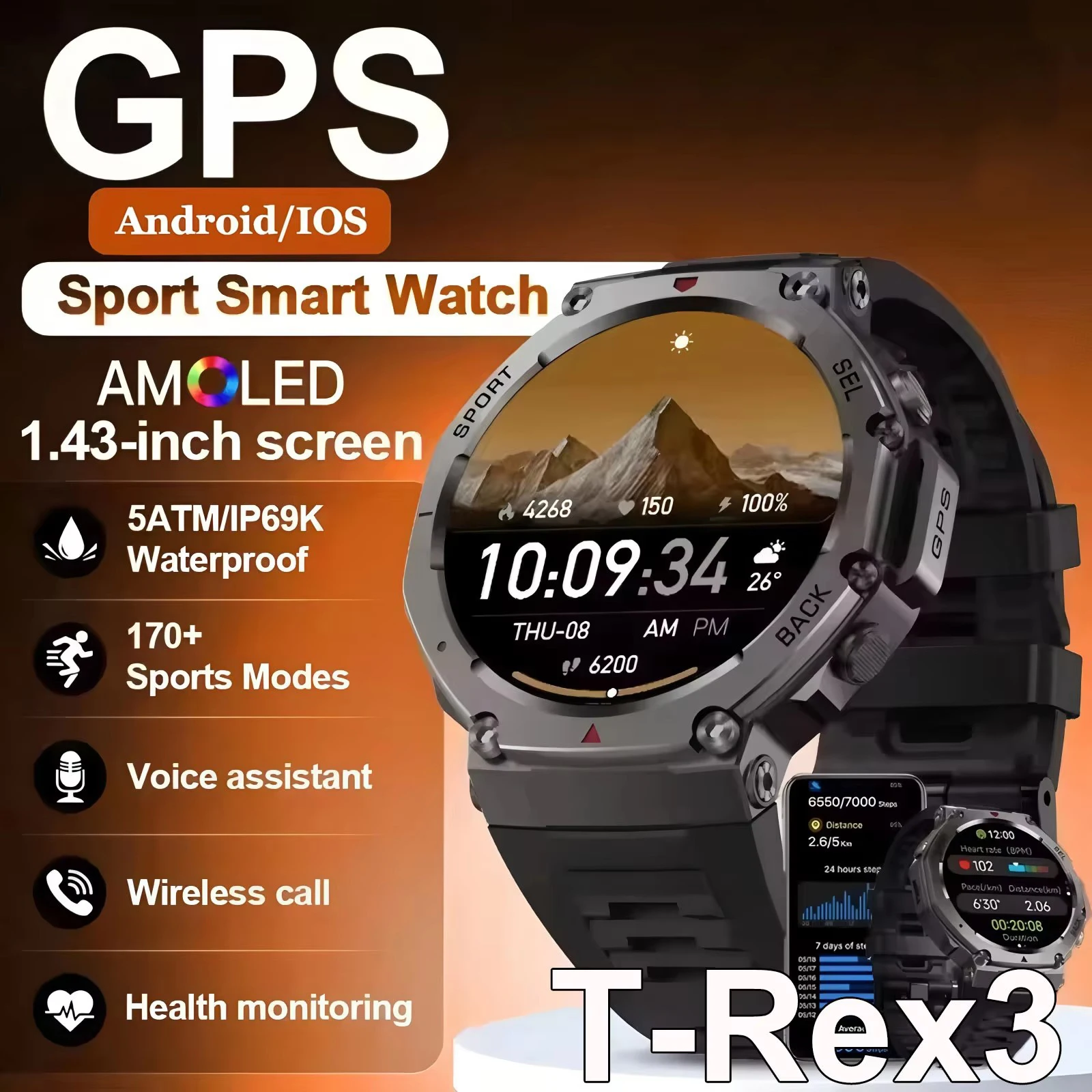 2025 NewT-REX3 Military SmartWatch GPS Built-in Compass Altimeter 10ATM Waterproof Sports Smartwatch Men Women