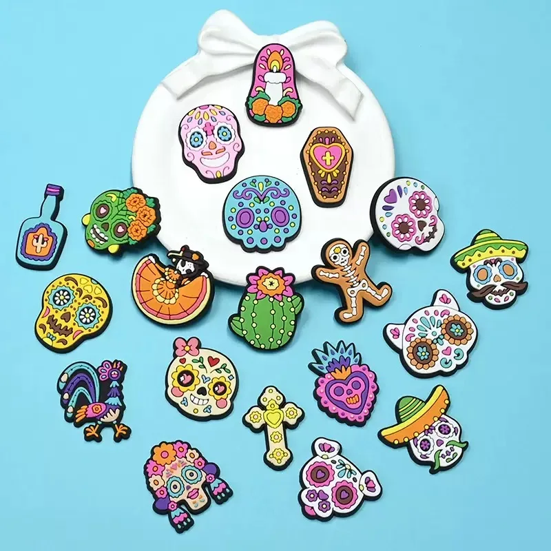 1-20Pcs Cactus Skull Candle PVC Shoe Buckle Charms Skeleton Mexico Slippers Decorations For Adult Holiday Gifts