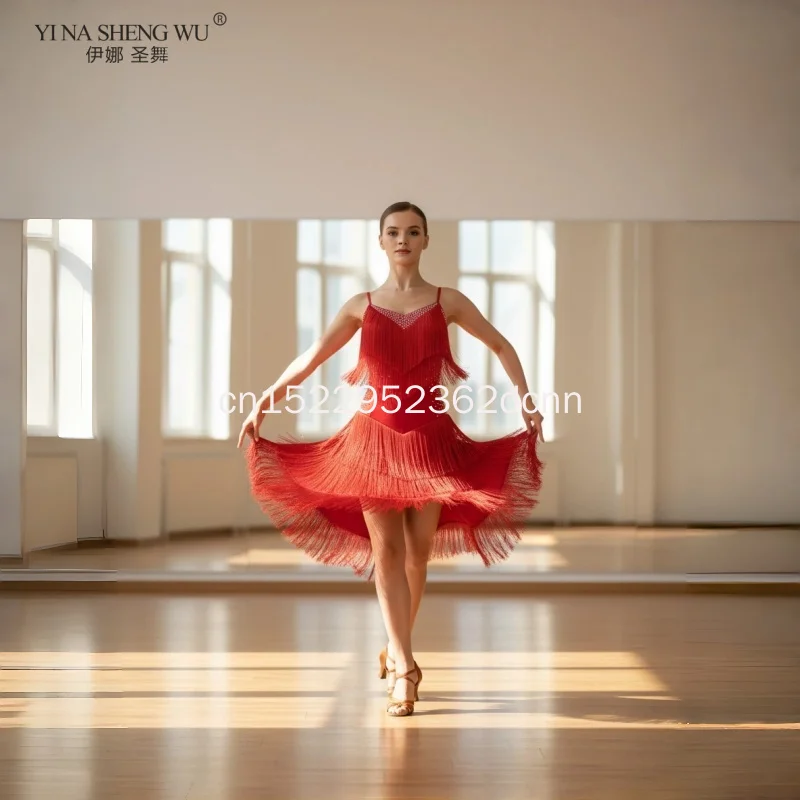 فستان الرقص اللاتيني أزياء المنافسة تنورة أداء أحجار الراين الكبار الأطفال شرابة ألوان مختلفة أحمر برتقالي أزرق وردي