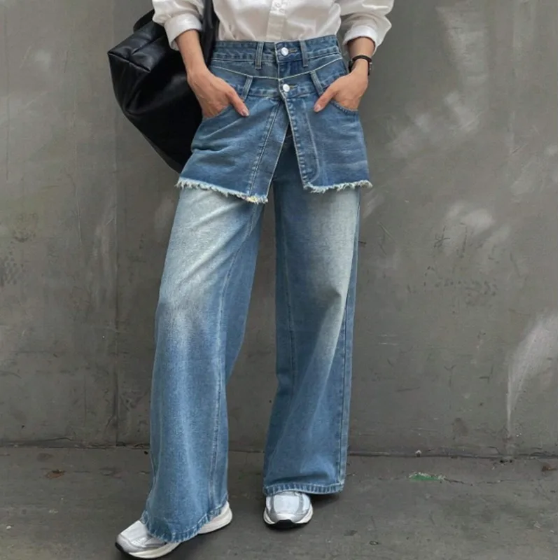 2026 Summer New Women Fake Two Piece Denim Jeans Raw Edge Layered Wide Leg High Waist Vintage Street Trousers