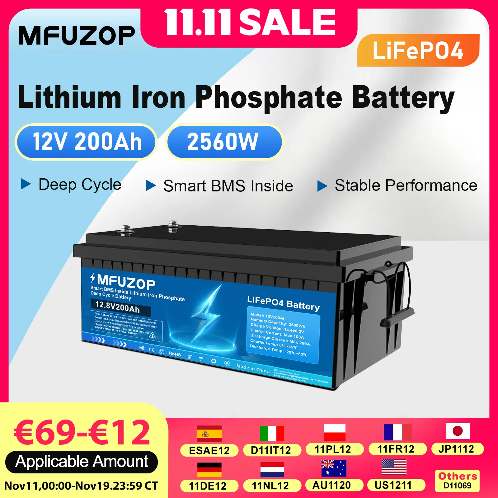 

DATOUBOSS 12V200A Battery Deep Lithium Iron Phosphate Cycle LiFePO4 Battery Rechargeable BMS RV Campers Golf Cart Sola