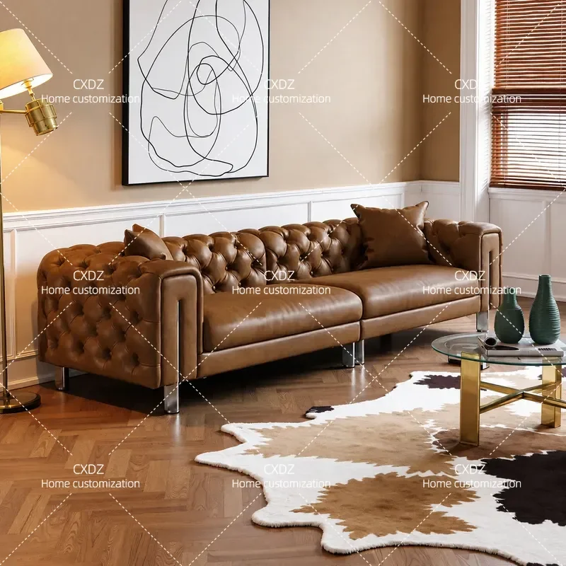 American Retro Leather Sofa Living Room Office Straight Row 3 Seater 4 Seater Couch Combination Furniture