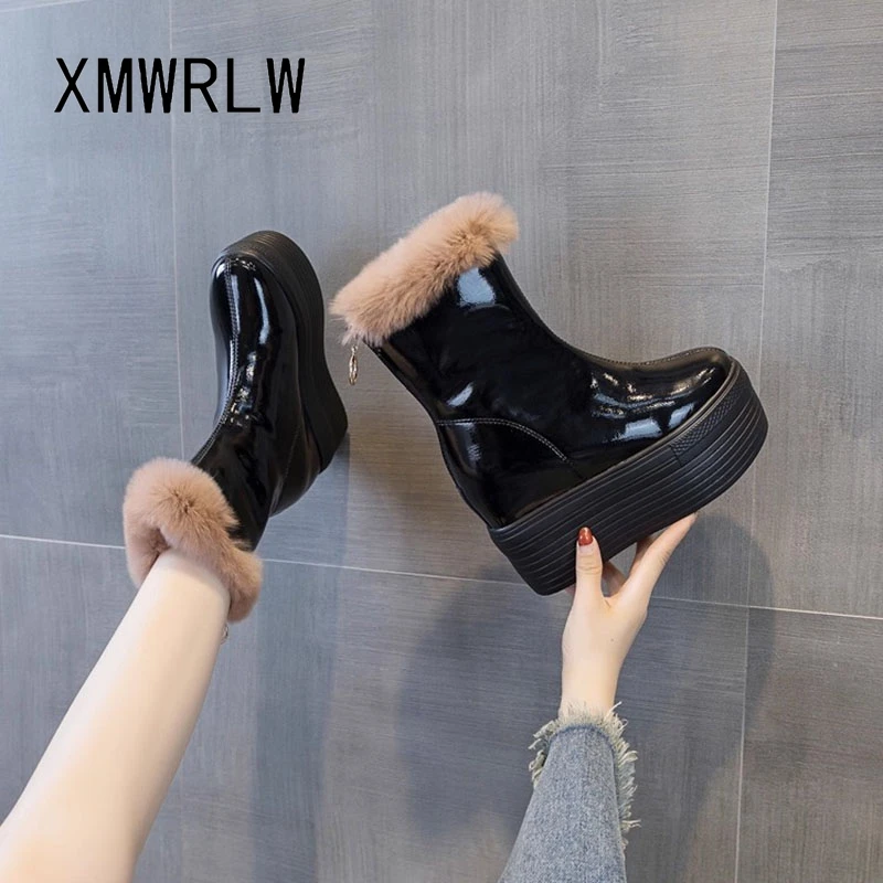 XMWRLW 2025 Winter Women Snow Boots Patent Leather Fashion High Heels Ladies Ankle Boots Warm Plush Women Winter Shoes Snow Boot view 2