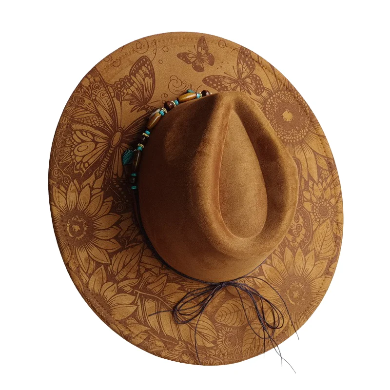 Designer Burned hat Patterns Suede Finish Fedora 9.5cm Brim Early Autumn Style featuring pyrography and burn effect