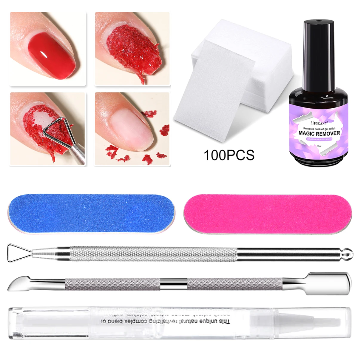MOSKANY 15 ミリリットルマジック除去ジェルクリーニング研磨キット素早く除去 UV ジェルマニキュアプロフェッショナルネイルマニキュアツールセット