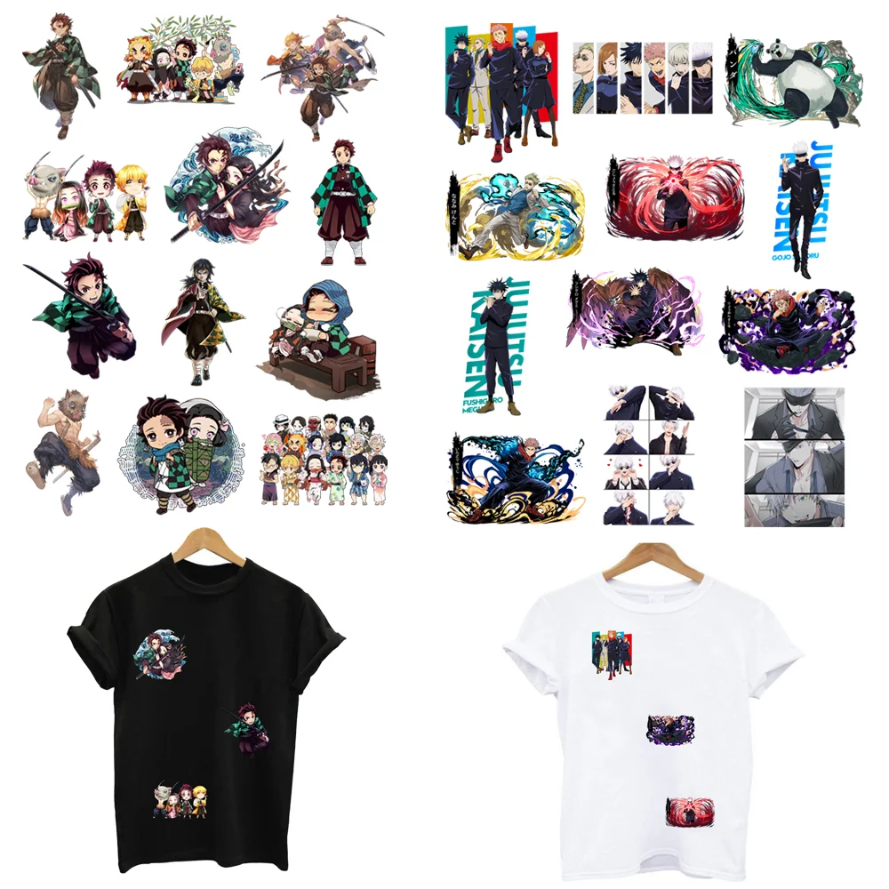 12Pcs/Lot Jujutsu Kaisen Demon Slayer Iron On Patches For Clothing Custom Anime Heat Adhesive Thermal Transfer Printing Stickers