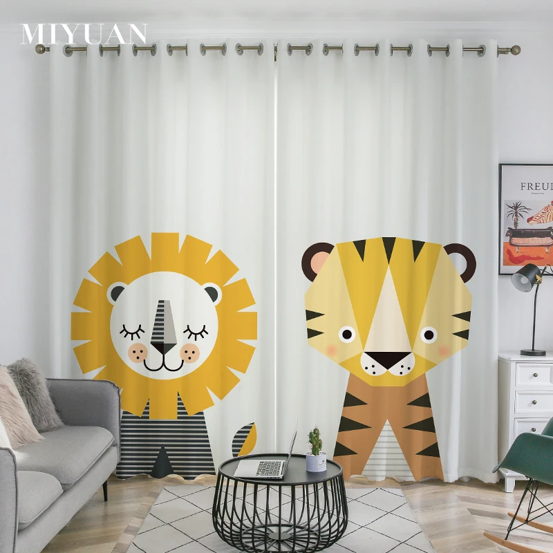 Custom Low MOQ New Style Nordic Jungle Cartoon Animals Lion Tiger 3D Digital Prited Curtains For Living Room Boy's Bedroom