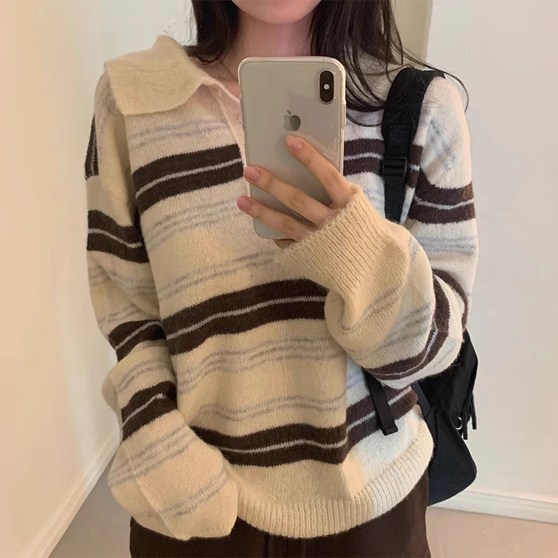 

Chic Autumnal Vintage Lazy Sle Ne Color Blo Long Sve Striped Knitted Sweater Women's Loose Fit Faionable Commute