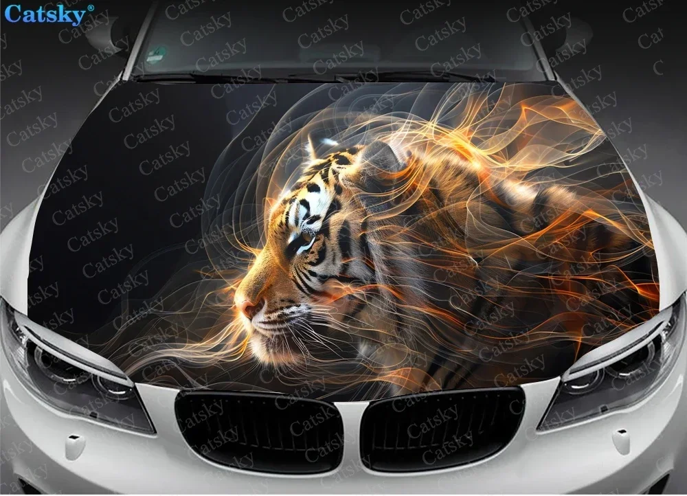 Majestic Tiger With Fire Car Hood Vinyl Stickers Wrap Vinyl Film Engine Cover Decals Sticker Universal Car Hood Protective Film