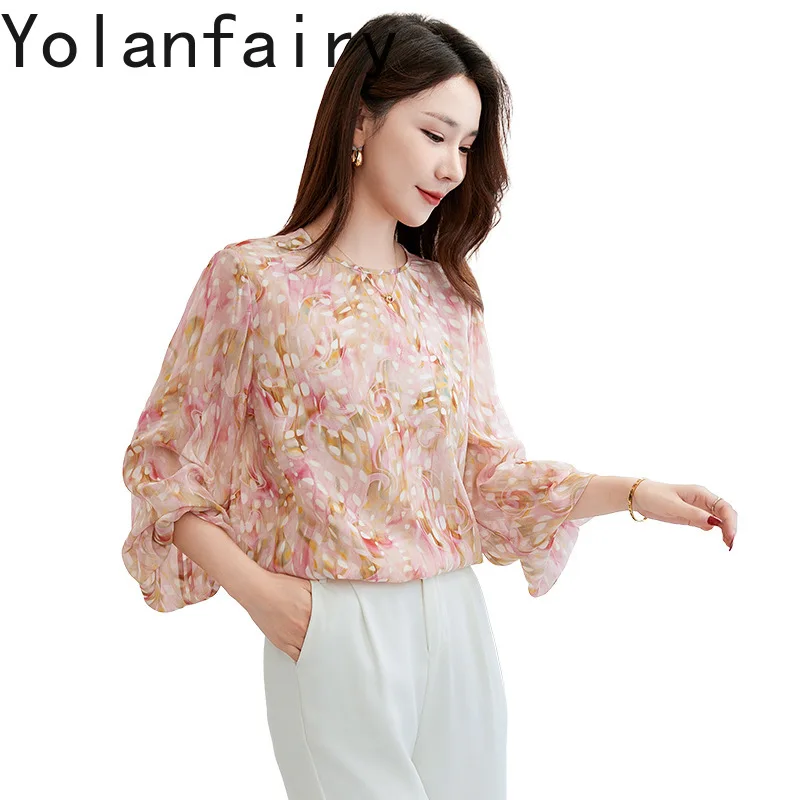 

YOLANFAIRY 14momme100% Natural Mulberry Silk Blouses for Woman Elegant 2025 O-neck Printed Summer Top Long Sleeve Blouse Femme