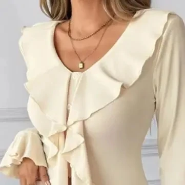 New T-Shirt Solid Color Sweet Style  Slimming Women's T-Shirt 2025 Autumn and Winter Female Fashion Long Sleeve Top