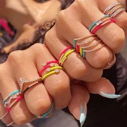 Cute 4 Colors Enamel Rings for Women Adjustable Cubic Zirconia Water Drop Stones 2023 Trending Summer Fashion Jewelry Anillos