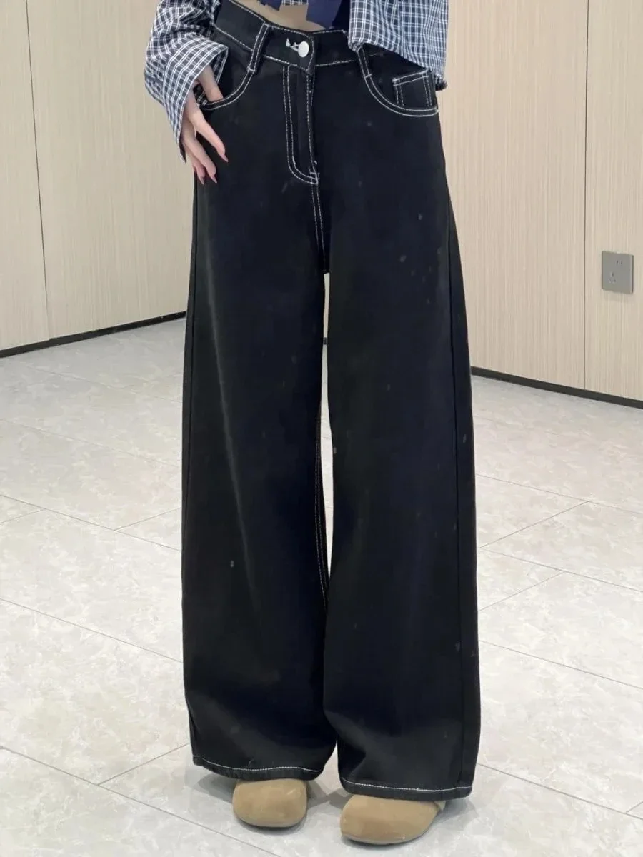 American Style High Waist Vintage Women's Jeans Loose Fit Casual Elastic Straight Leg Long Pants Slimming Wide Leg Trousers