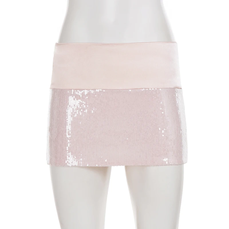 SUCHCUTE Satin-Patchwork-Pailletten-Bodycon-Minirock Y2K Low Waist Party Club Damen Slim Rock Casual Grunge Fairycore Chic – Detail 4