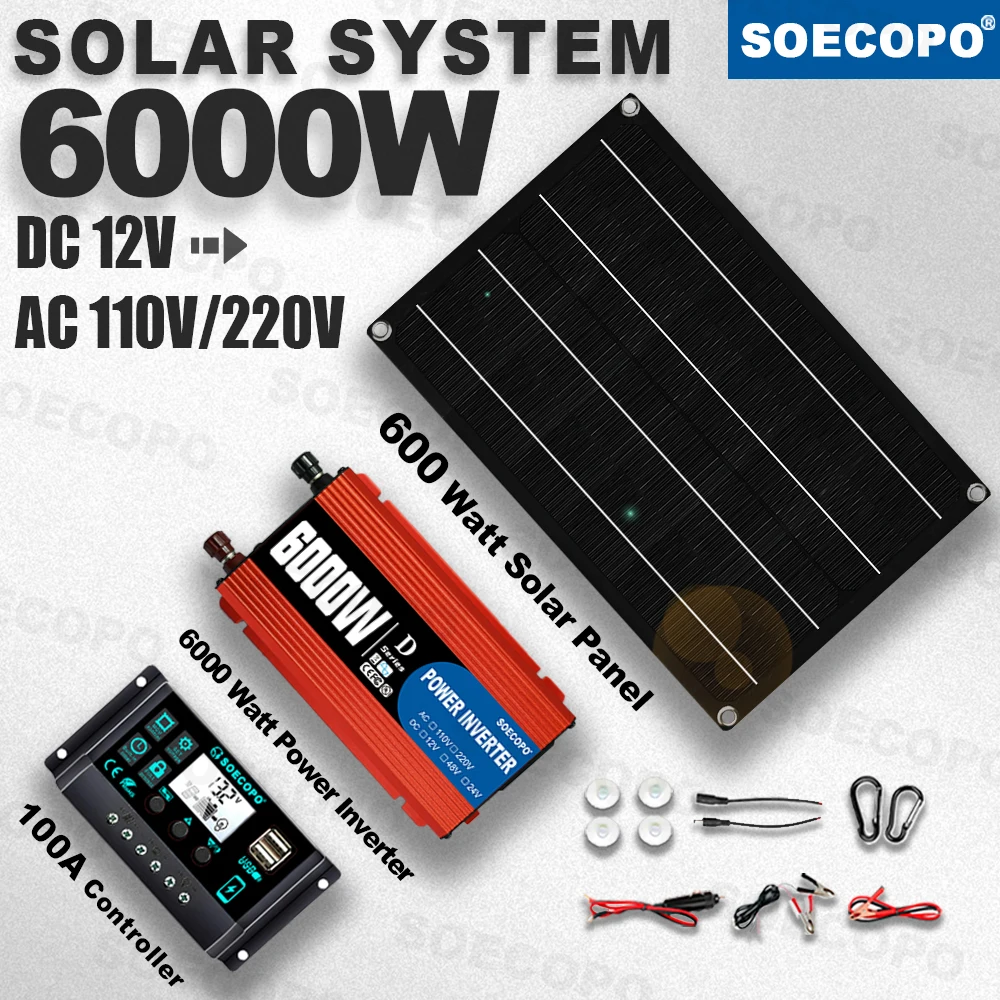 

SOECOPO 6000W Complete Solar Generator Kit 12V DC to 110V/220V Inverter 600W Panel 100A Controller for Off-Grid Home RV Camping