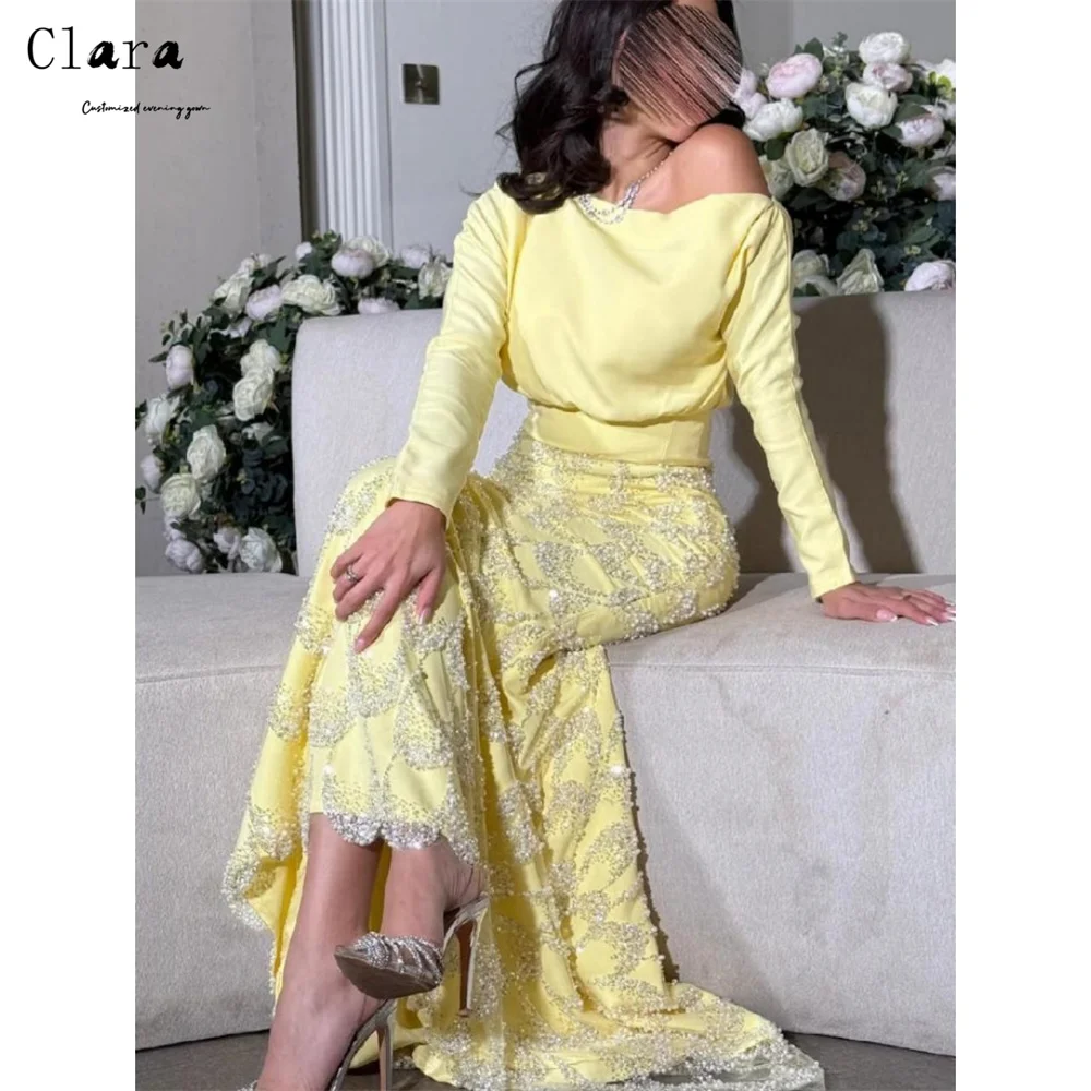 

Clara Custom Yellow Fishtail Long Sleeves Off the Shoulder Women's Wedding Evening Dress Luxury 2025 Luxury Party Dresses Woman