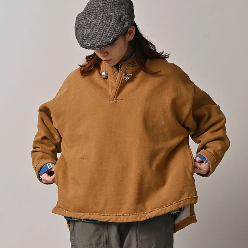 

Lazin Sle Fce Lined Loose Fit Hoodie New Autumn Winter Cotton Long Sve Pullover Stand Collar No Zipper Color