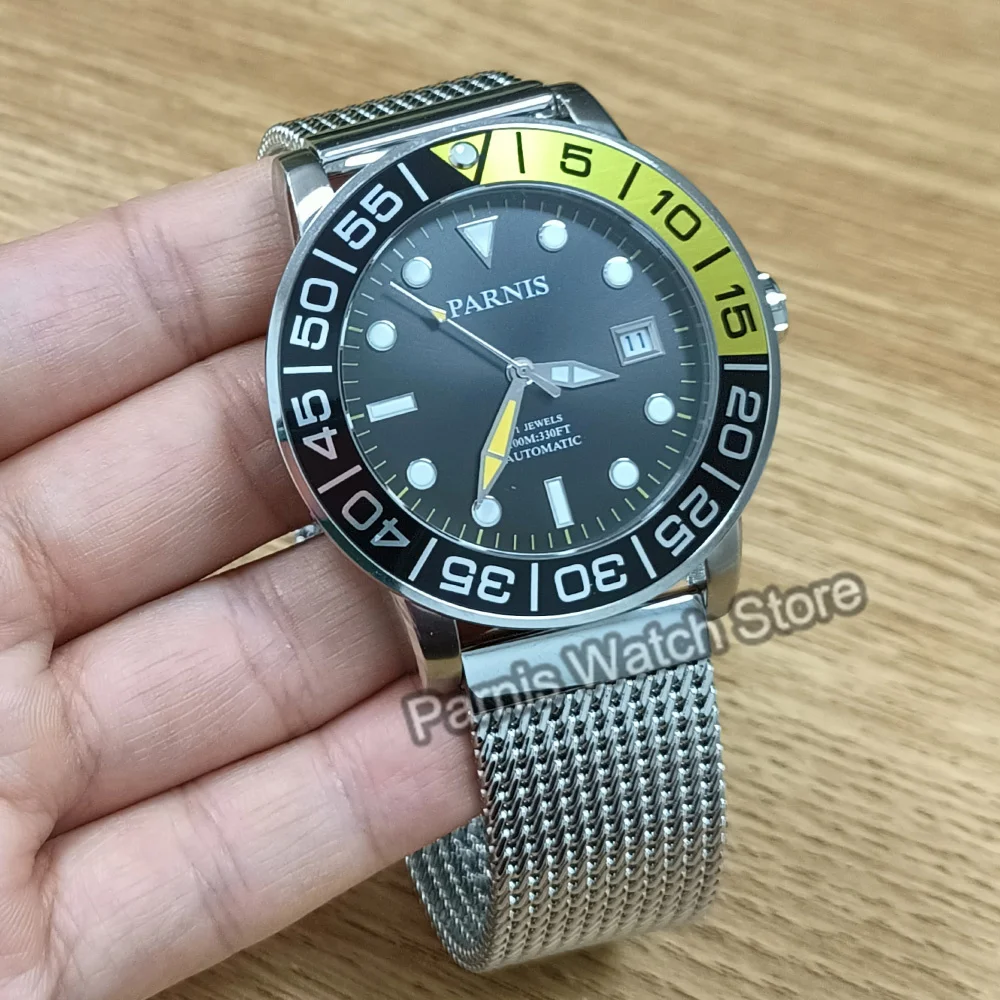 Parnis 42mm Miyota 8215 Automatic Stainless Steel Bracelet 10 ATM Sapphire Crystal Black Dial Men Watch