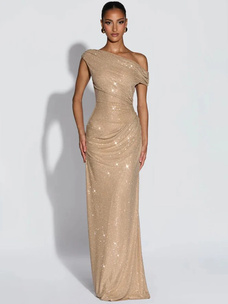 Robe longue de soirée élégante Blifanbo pour femme, asymétrique, sexy, dorée, dos nu, sans manches, moulante, froncée, pour club et fête