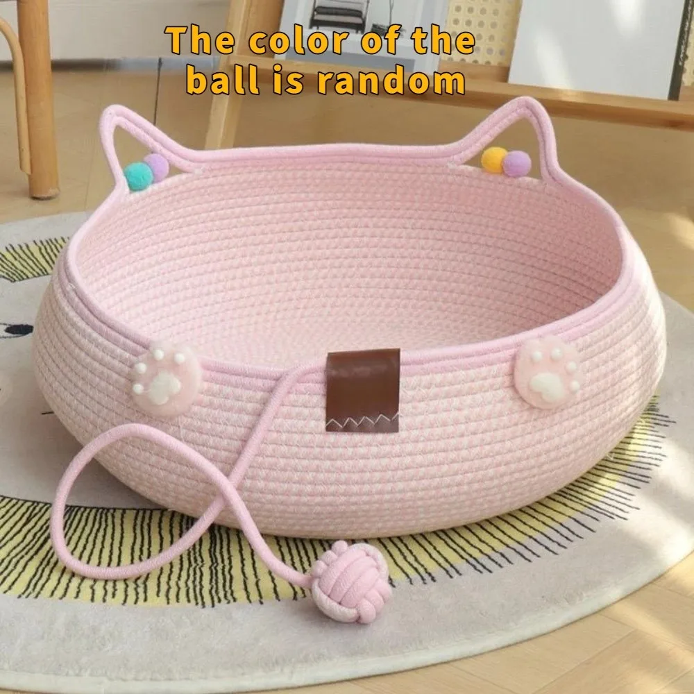 

Cotton Rope Woven Cat Nest Handmade Scratch-Proof Cat Sleeping House with Ball Durable Cat Scratch Floor Four Seasons