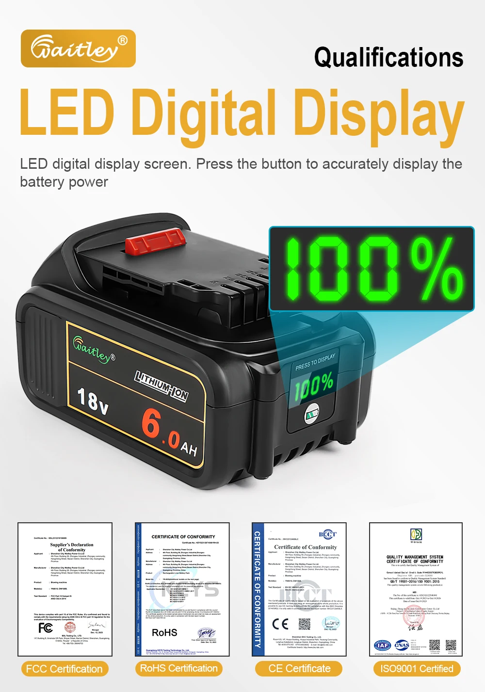 Waitley-Batterie für Dewalt-Elektro werkzeuge 18 v 6ah dcb184 dcb200 wiederauf ladbare Elektrowerkzeug-Lithium batterien 20V 18Volt 18 V 9ah batteries accessories – Detail 7