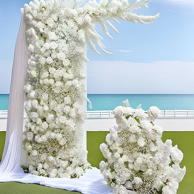 

Milk White Artificial Rose Wedding Background Decoration Hanging Flowers Event Stage Layout Long Row Flower Arch Decoration