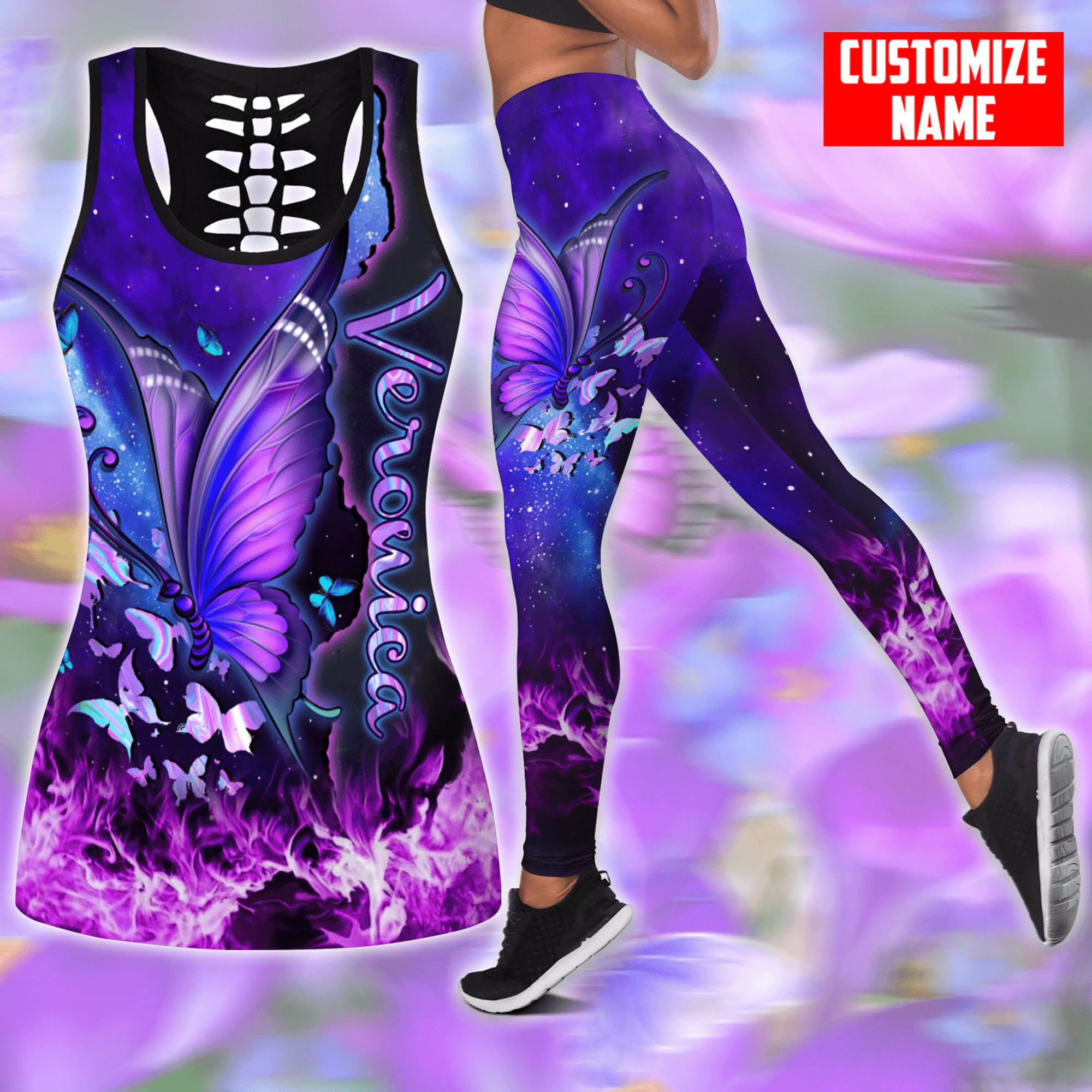 Nome personalizado borboleta 3d impresso oco regata e leggings conjunto para mulheres comprimento total fitness yoga correndo calças kbx01