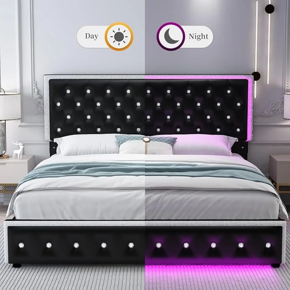 Struttura letto a LED con 2 cassetti, piattaforma portaoggetti moderna Letto imbottito queen size con testiera capitonnè con bottoni in cristallo, solido