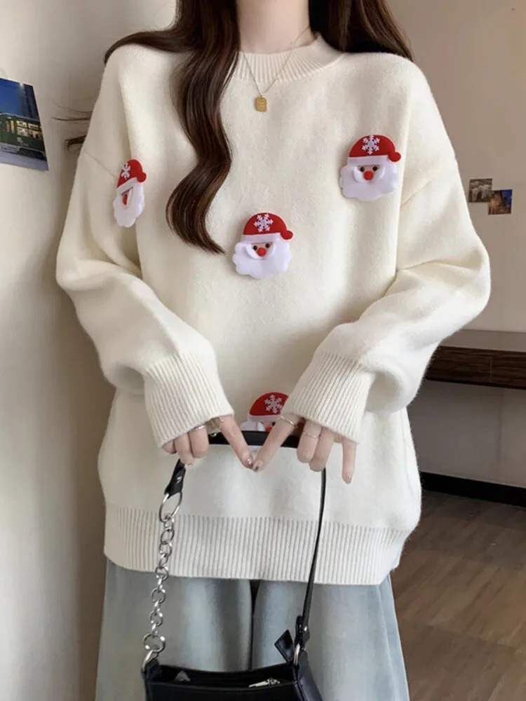 

Y2K Sweet Girls Kawaii Santa 3D Свитер с круглым вырезом и аппликацией для женщин Мягкий вязаный джемпер для рождественской вечеринки Эстетический топ с длинными рукавами