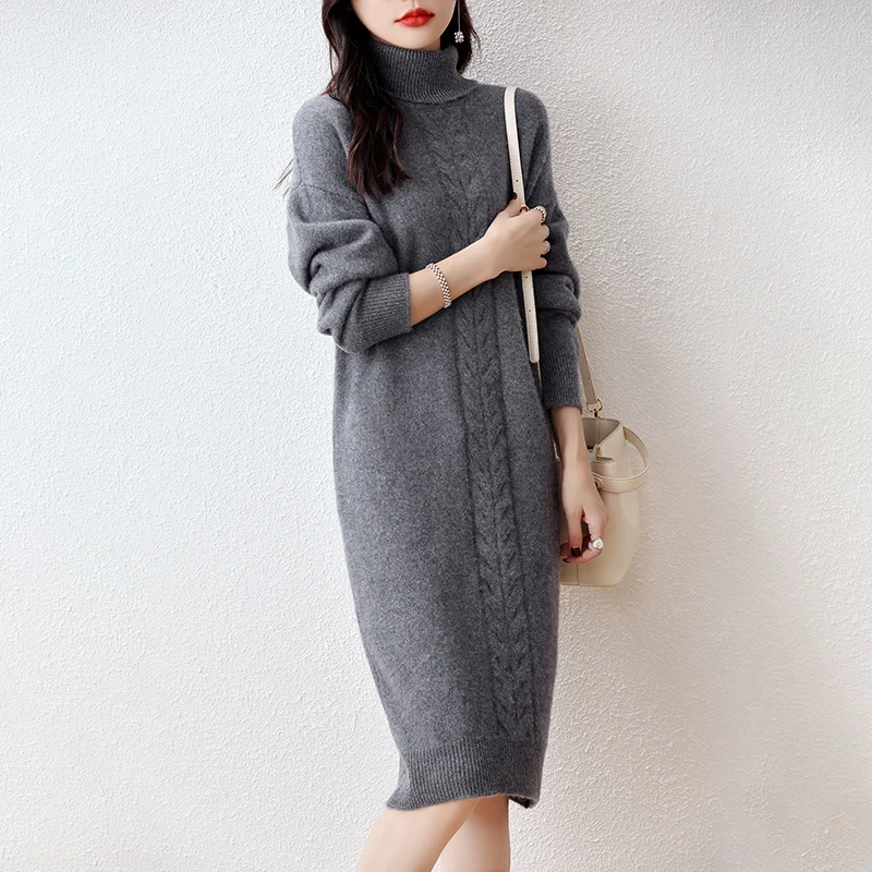 

Luxury 100% Merino Wool Women Long Sleeve Turtleneck Dress Autumn Winter Soft Casual Cashmere Knitte Mid-Long Sweater Dress