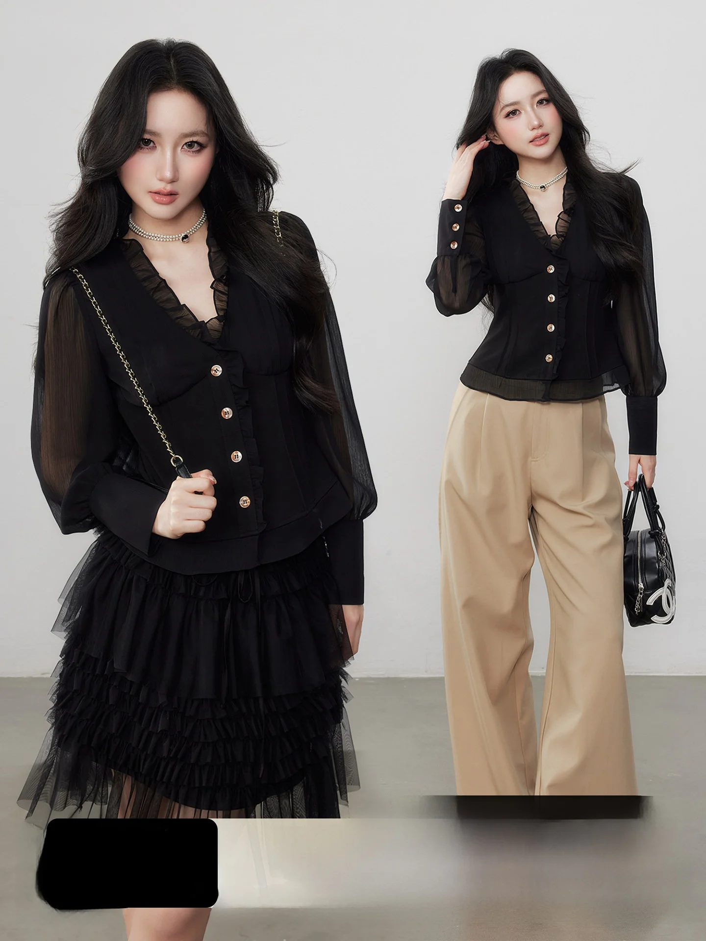 

Elegant V-neck Chiffon Shirt Women's Slimming High Waist Commuting Sensation Spring Summer Black Chiffon Blouse by Yuzhi