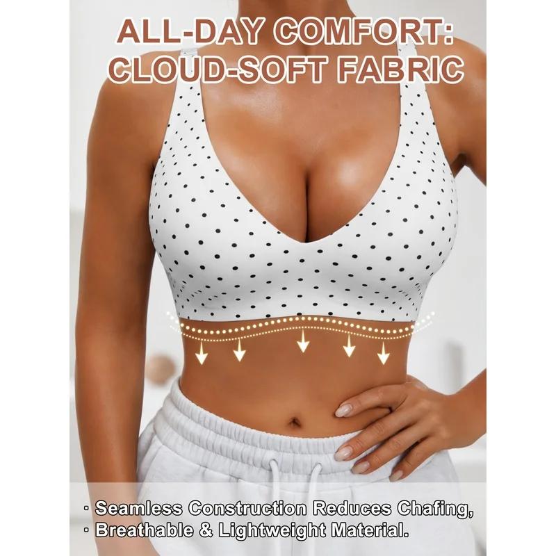 2 Piece Polka Dot Sports Bra Set Wireless V Neck Push Up Yoga Top Removable Pads Adjustable Straps Fitness Wear Women Activewear