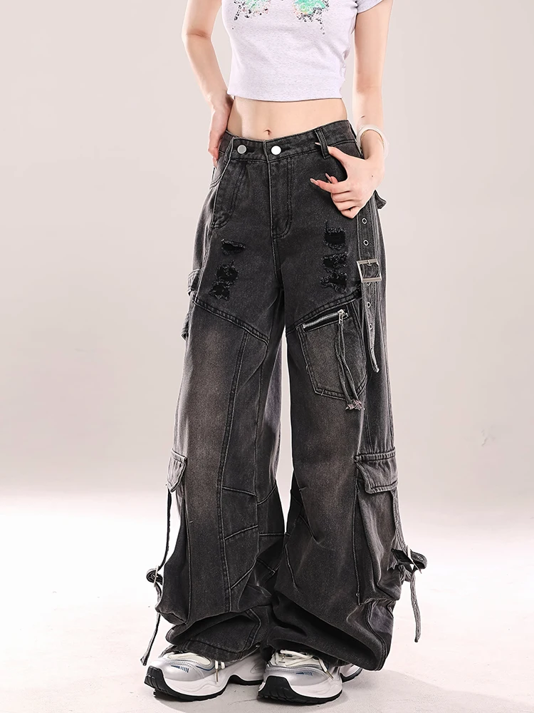 American Style Casual Loose Women's Jeans Workwear Denim Pants Multi-Pocket High Waist Long Trousers Fall Fashion 2026