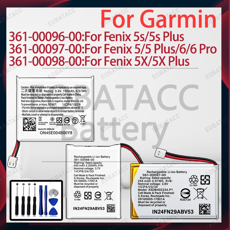 Replacement Battery For Garmin Fenix 5 5S 5X Plus 6 6 Pro 361‑00096‑00 361‑00097‑00 361‑00098‑00 Durable Stable Performance+Tool
