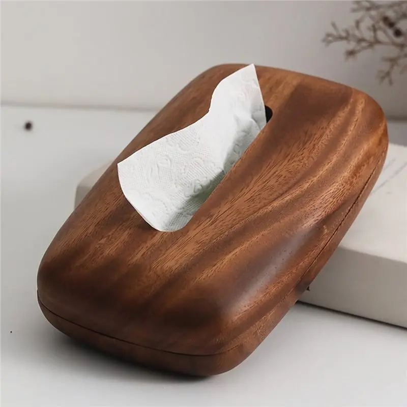 AT63-Vintage Style Walnut Wood Tissue Box Desktop Tissue Case Office Bedside Bedroom Table Decorations Storage Accessories Kitch