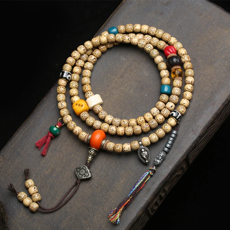 Hainan Old Material-Moon Bodhi 108 Bead Buddhist Necklace with Tibetan Silver, Magnesite, Glass, and Red Agate Acc