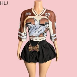 HLJ&GG Fashion Letter Print Loose Tshirts Two Piece Sets Women V Neck Short Sleeve Basketaball Top And Mini Puffy Skirts Outfits