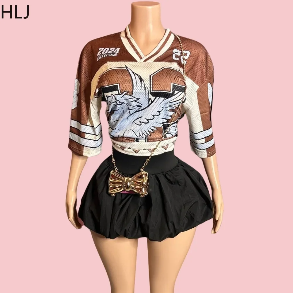 HLJ&GG Fashion Letter Print Loose Tshirts Two Piece Sets Women V Neck Short Sleeve Basketaball Top And Mini Puffy Skirts Outfits