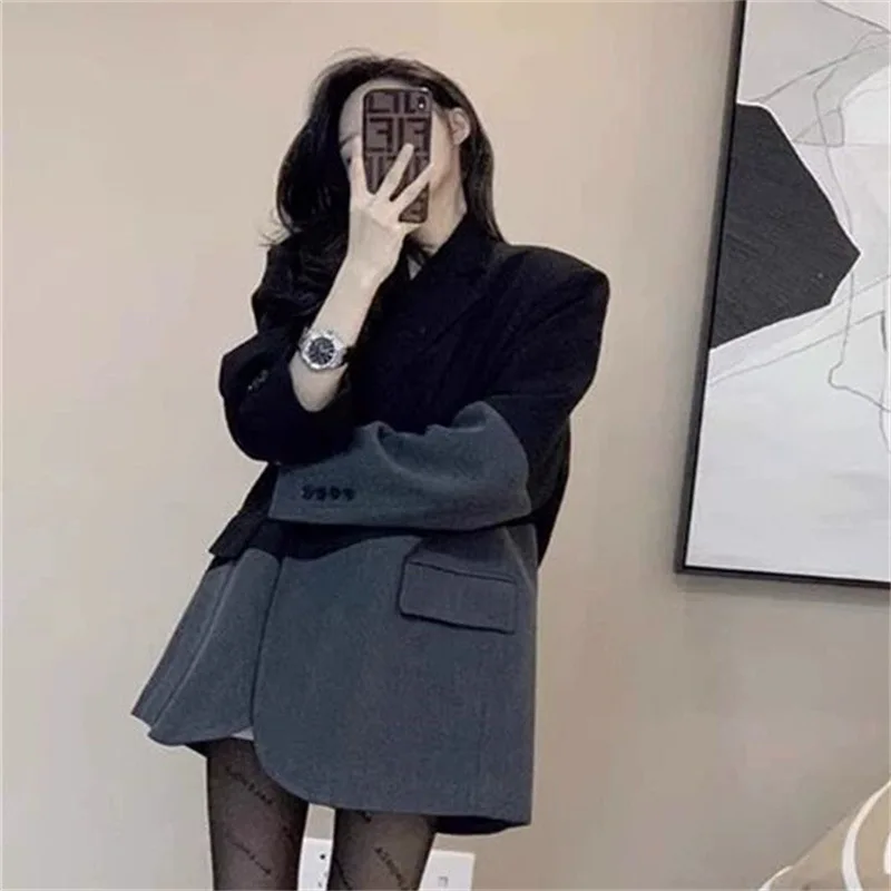 Spring Autumn 2025 New Fashion Korean Long Sleeve Blazers Coat Female Casual Office Ladies Tops Splicing Black Suit Jacket