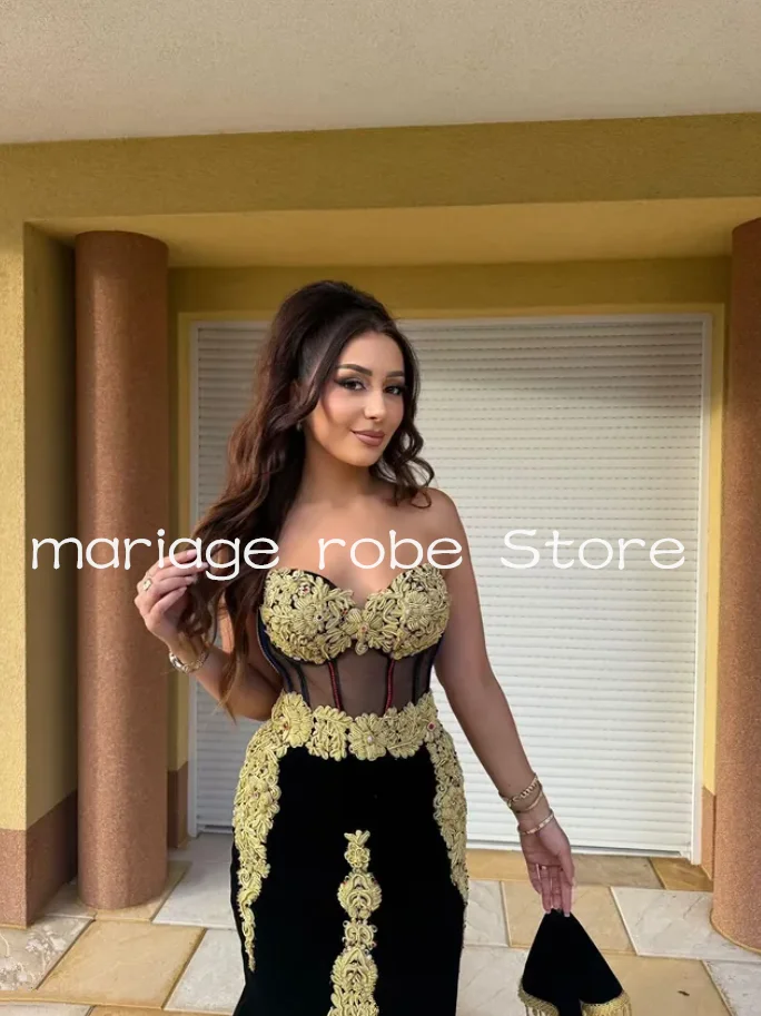 Zwart fluwelen zeemeermin lange formele avondjurken luxe gouden applique korset baleinen Albanese Kosovo avondjurk op maat