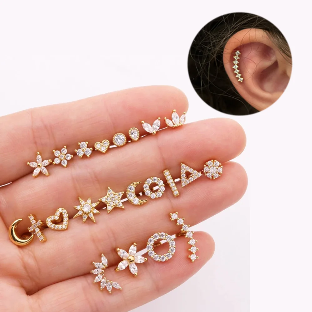 Crystal Star Moon Helix Piercing kolczyki dla kobiet Trendy złoty kolor chrząstka ucha Tragus szpilki cyrkon kwiat biżuteria KAE269-M