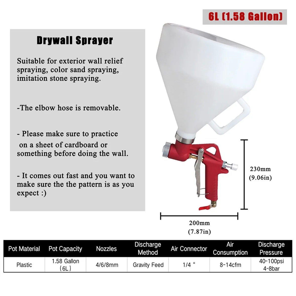 4/6/8mm Nozzles Drywall Texture Painting, 1.58 Gallon (6L) Air Hopper with Elbow Hose for Walls  corn Ceilings