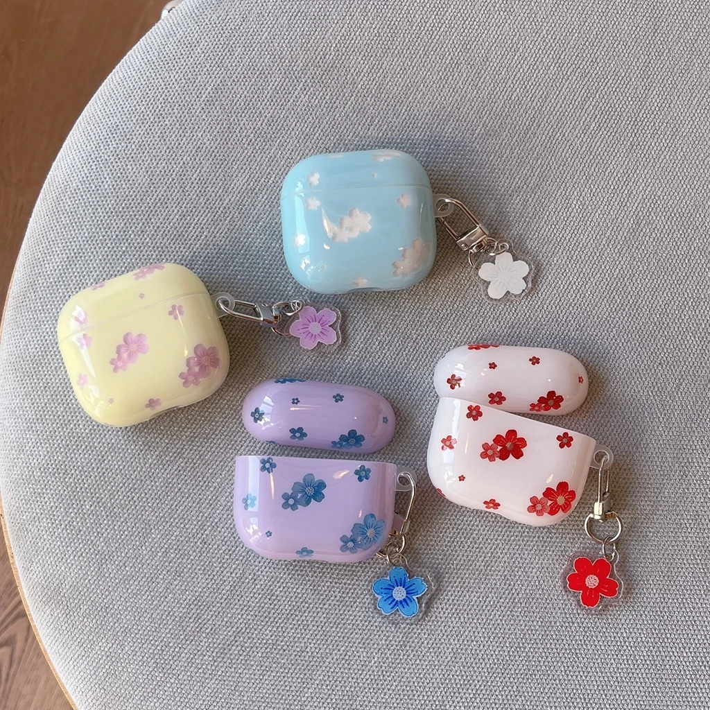 Spring Day Fresh Colorful Flowers Glossy With Pendant Protective Earphone Cover Case for AirPods 1 or 2 3 4 5 Pro 2 Pro 3