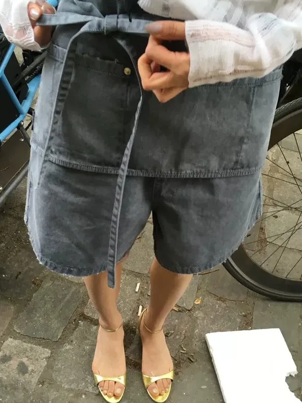 Loose Women's Denim Shorts with Belt High Waist Cotton Workwear Style Five-Pointed Flared Frayed Hem Short Skirts