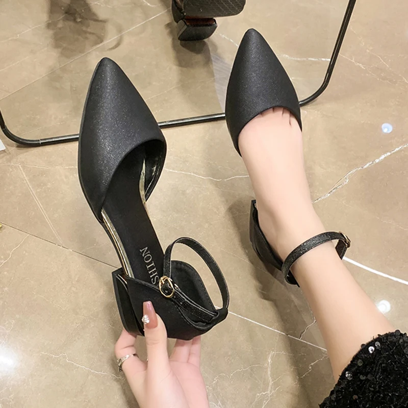 Ankle Buckle Low Heels Pumps Women Pointed Toe Square Heeled Party Shoes Woman Plus Size 43 Fashion Ankle Strap Casual Shoes