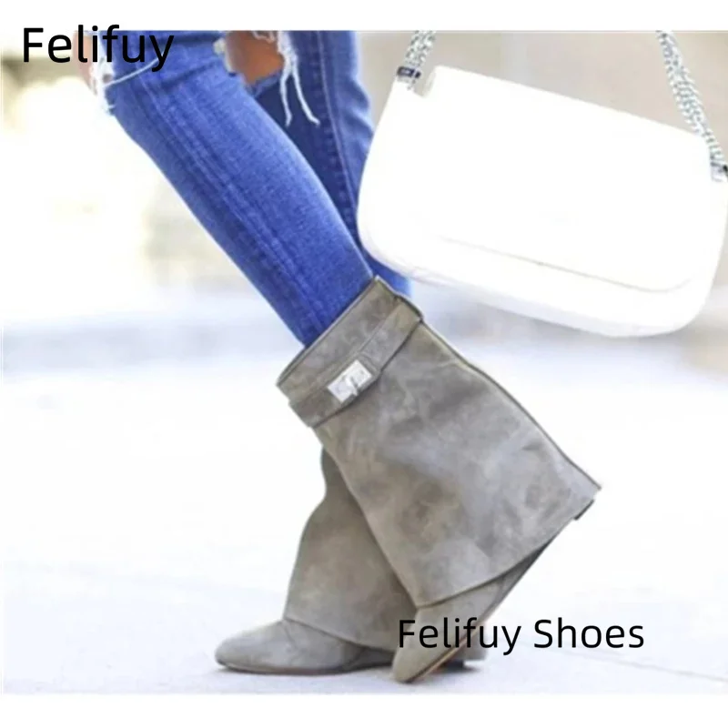 New Height Increasing Women Mid-Calf Boots Shark Lock Metal Decoration Genuine Leather Wedge Shoes women fashion Mid-calf boots