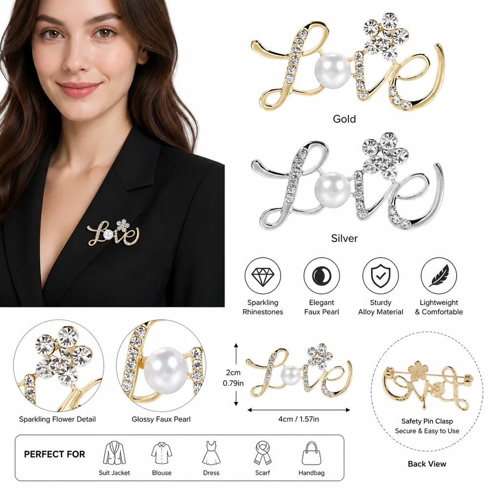 Gifts Faux Pearl Love Letter Brooch Decorative Sparkling Brooch Pins Rhinestone Safety Pin Back Lapel Pin Women's Jewelry