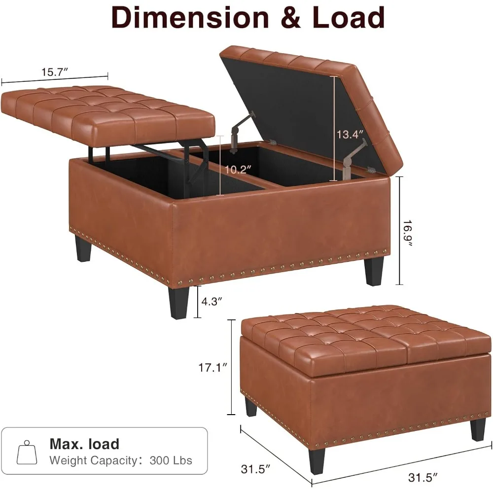 Ottoman kulit persegi dengan penyimpanan, Leather Coffee Table Ottoman dengan pengangkat atas, tempat penyimpanan mainan bangku pijakan kaki berlapis kain besar