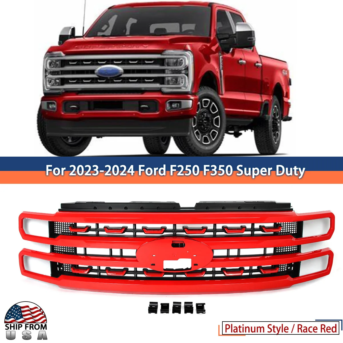 

Front Grille Modified Grill Accessories Replace For 2023-2024 Ford F250 F350 F450 Super Duty Front Bumper Upper Grille Race Red