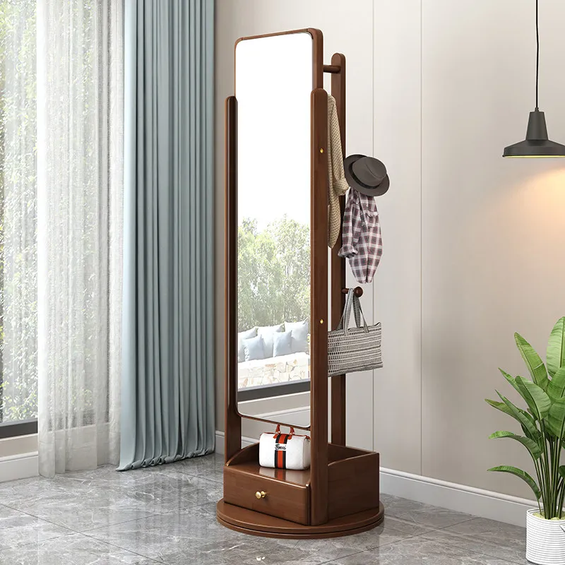 Home bedroom full-length mirror explosion-proof rotatable coat hat hanger solid wood full-body mirror floor-to-ceiling mirror